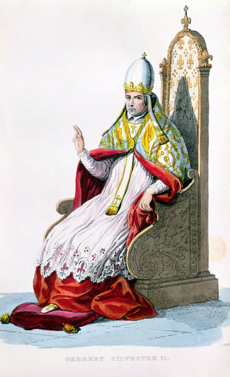 Pave Sylvester II, fra Le Plutarque Francais av E. Mennechet, Paris, 1835 (fargegravering) av French School