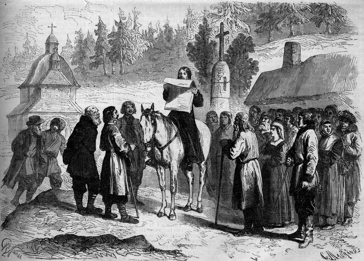 Pope translating and reading an ukase (oukase) from the Emperor of Russia (Alexander II) to Polish illiterate peasants av French School