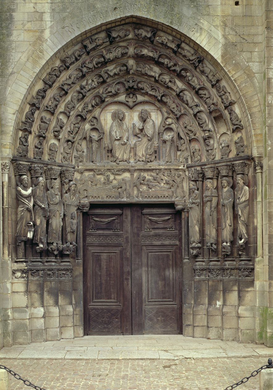 Portal og omkringliggende skulpturer med bibelske figurer og scener inkludert gravleggingen (bilde) av French School