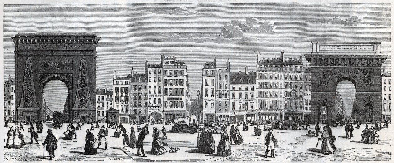 Porte Saint-Denis og rue faubourg Saint Denis - porte saint Martin og rue faubourg Saint-Martin Gravering i "" Tableau-de-Paris"" av Edmond Texier (1815-1887) av French School