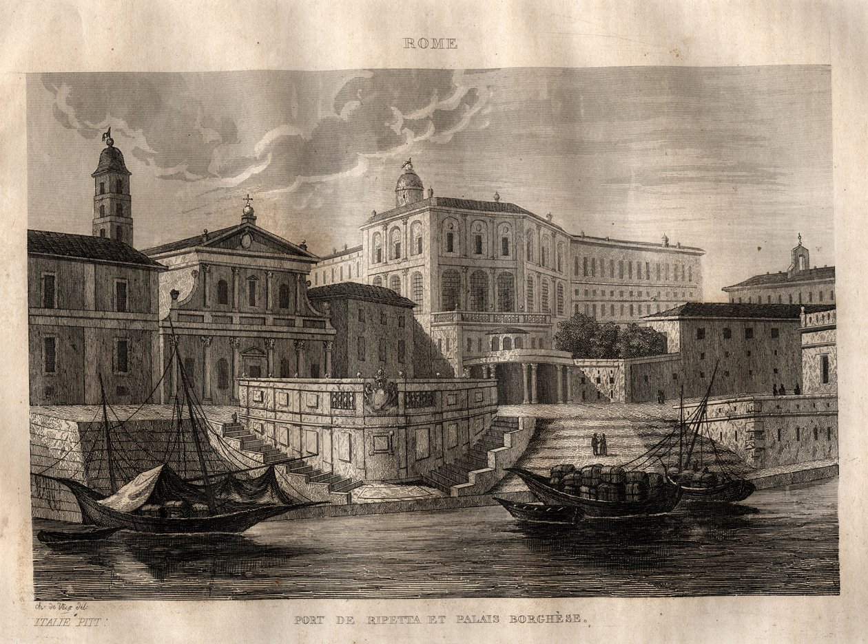 Porto di Ripetta og Palazzo Borghese - Roma - Gravering fra "" Pittoreske Italia" - Historisk og beskrivende maleri av Italia" av M. de Norvins, Ch. Nodier 1834-1836. av French School