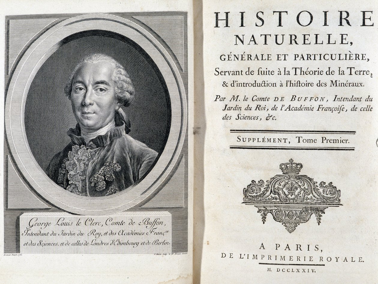 Portrett og tittelside av "" Natural, generell og spesiell historie"" av Buffon av French School