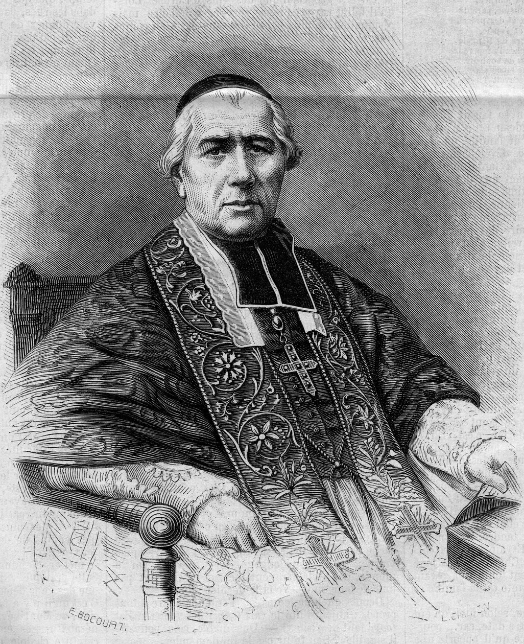 Portrett av Francois Nicolas Madeleine Morlot (1795-1862), erkebiskop av Paris. Gravering i ""Le Monde Illustre"" nr. 299 av 3. januar 1863. av French School
