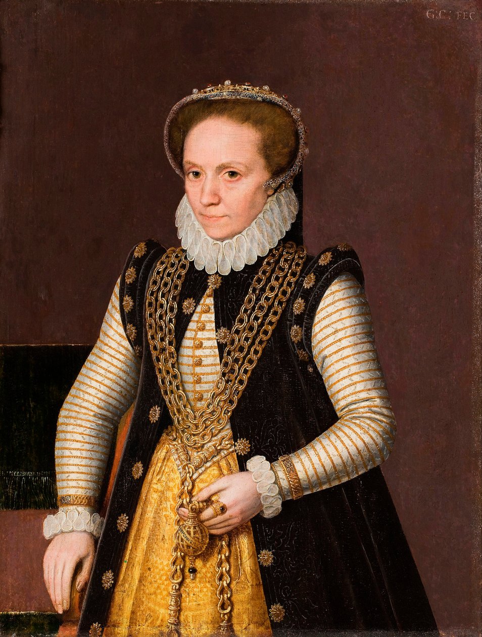 ""Portrett av en anonym fransk adelsdame"" (Portrett av en ukjent fransk adelsdame) Maleri fra den franske skolen 1560 - Olje på tre Dim 35x27 cm Hallwylska Museet, Stockholm av French School