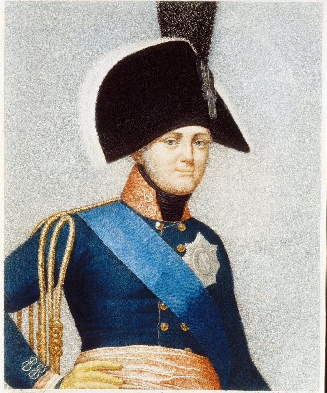 Portrett av tsaren Alexander I Pavlovich (1777-1825) (Portrett av keiseren Alexander I). Iført det blå rammen til ridderne av Den Hellige Ånds orden og de broderte insigniene til den keiserlige Andreasorden. Verk av en fransk mester, litografi mi av French School