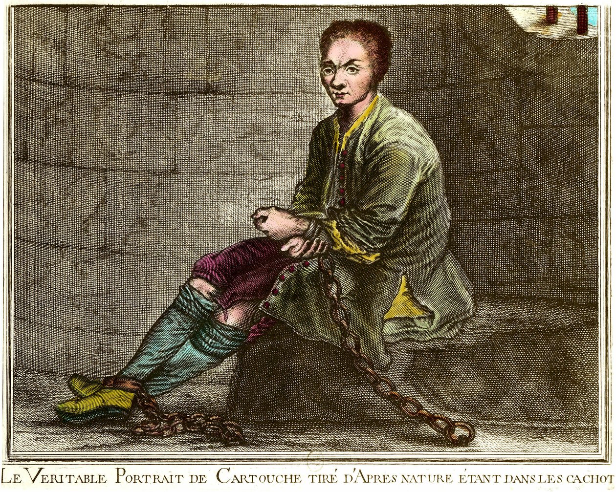 Portrait en pied av Louis Dominique Cartridge (1693-1721), fransk brigand i fangehullet hans Gravering av 1700-tallets privatsamling av French School