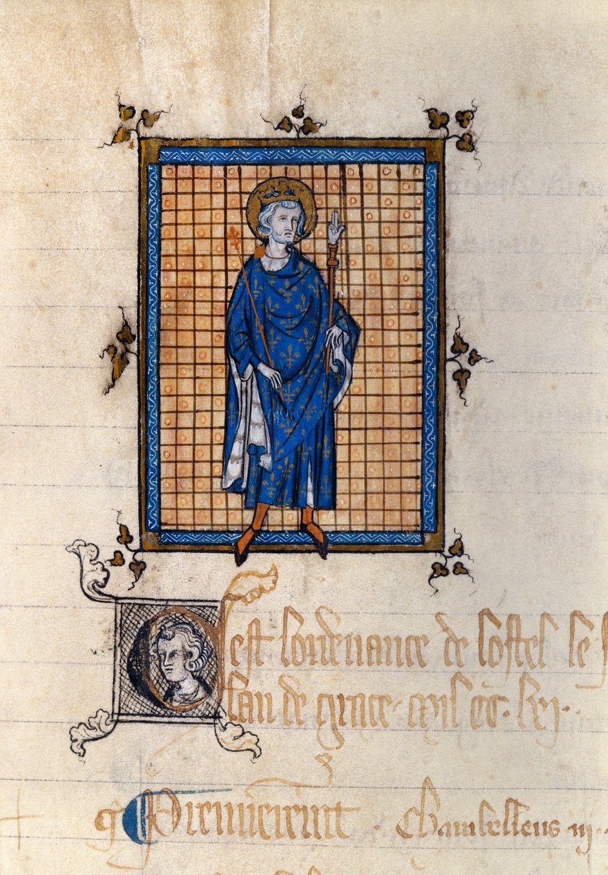Full-lengde portrett av Saint Louis in Majesty (Louis IX) (1214-1270) Miniatyr hentet fra "Register of Ordinances of the Hotel du Roi"". Paris, Nasjonalarkivet av French School
