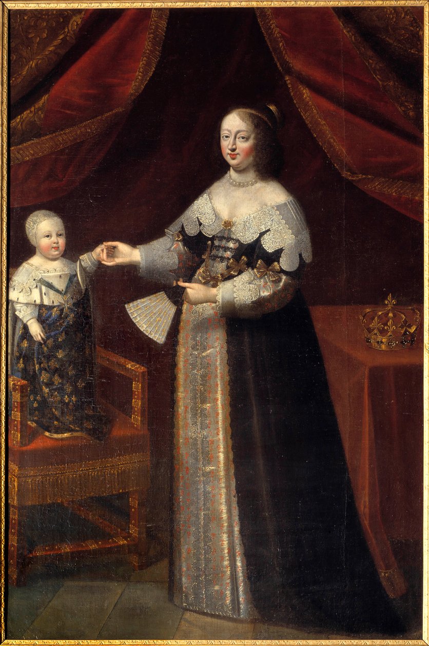 Portrett til fots av Anne av Østerrike (1601-1666), dronning av Frankrike med Louis XIV-barn Maleri av den franske skolen på 1600-tallet. Chambord, slottsmuseum av French School