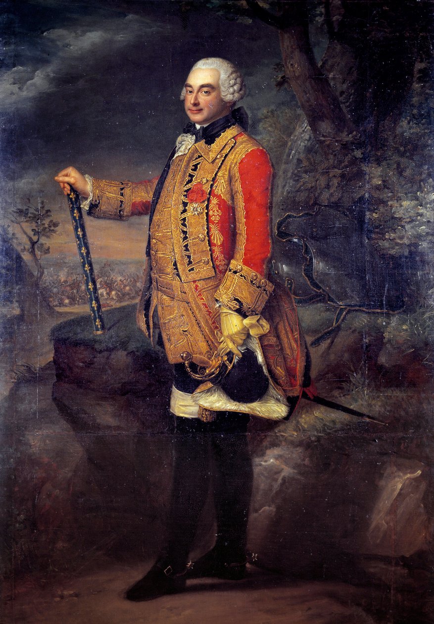 Portrett til fots av Charles de Rohan, prins av Soubise, marechal av Frankrike (1715-1787) Maleri av den franske skolen. 1700-tallets søn. 2,19x1,42 m av French School