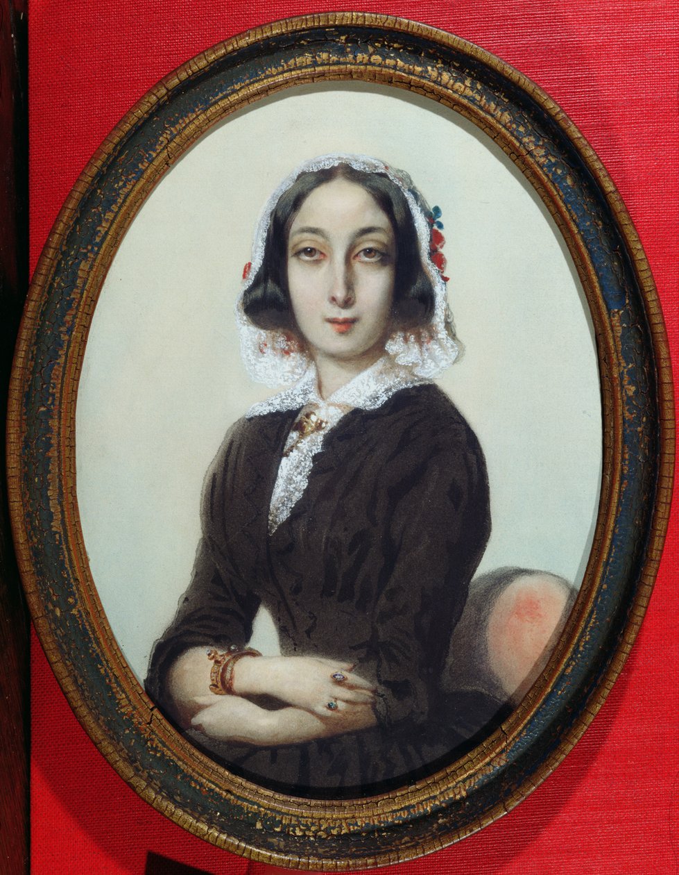 Portrettminiatyr av George Sand (1804-76) ca. 1840 av French School