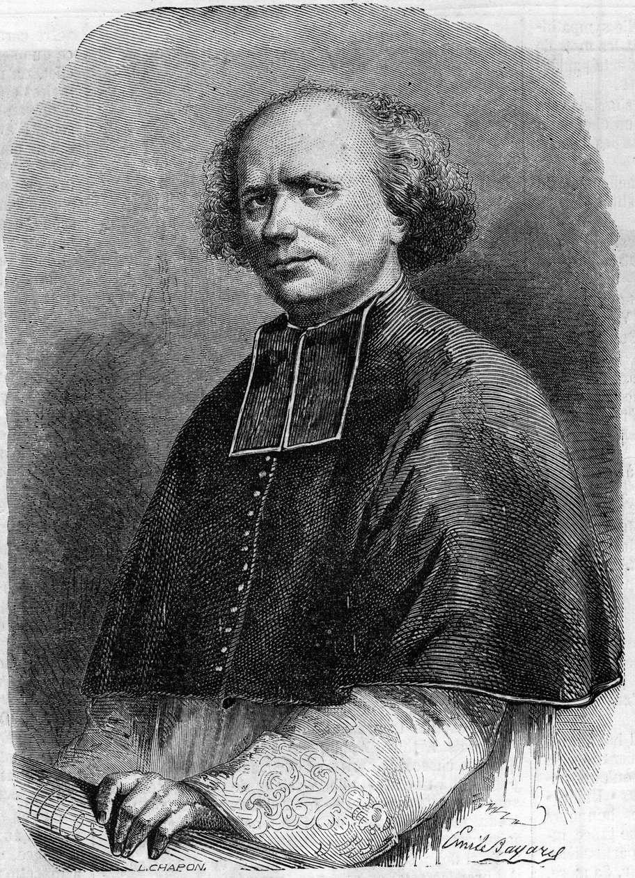 Portrett av Abbe Gaspard Deguerry (1797-1871), prestegjeld til Madeleine i Paris. Gravering i "" Le Monde Illustré"" nr. 207 av 30. mars av French School