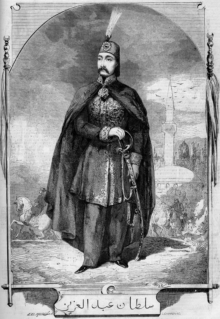 Portrait of Abdul Aziz (Abd-ul-Aziz or Abd Ul Aziz or Abdulaziz) 1830-1876), sultan of the Ottoman Empire. Engraving in “” Le Monde Illustré”” n°224 of 27 July 1861. av French School