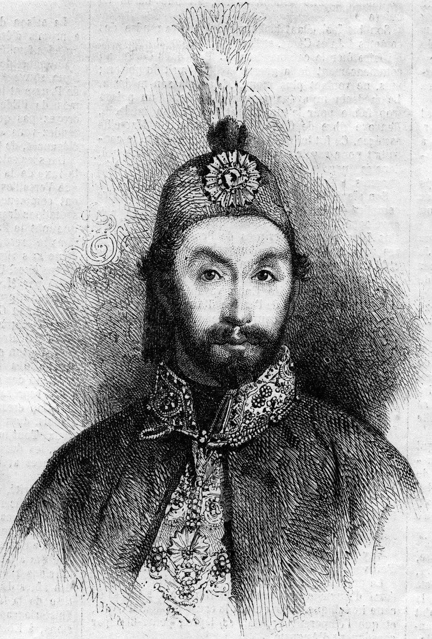 Portrett av Abdulmecit I (Abdul-Medjid-Khan, Abdul Medjid Khan) (1823-1861), sultan fra det osmanske riket. Gravering i "" Le Monde Illustré"" nr. 221 av 6. juli 1861. av French School