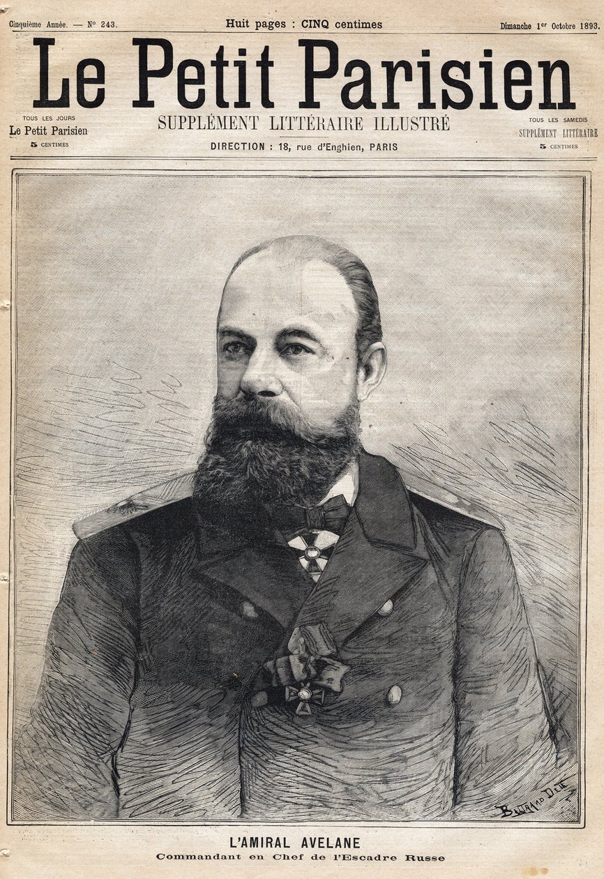 Portrait of Admiral Avelane Commander of the Russian Squadron. One of the newspaper " Le Petit Parisien”” on 1/10/1893. av French School
