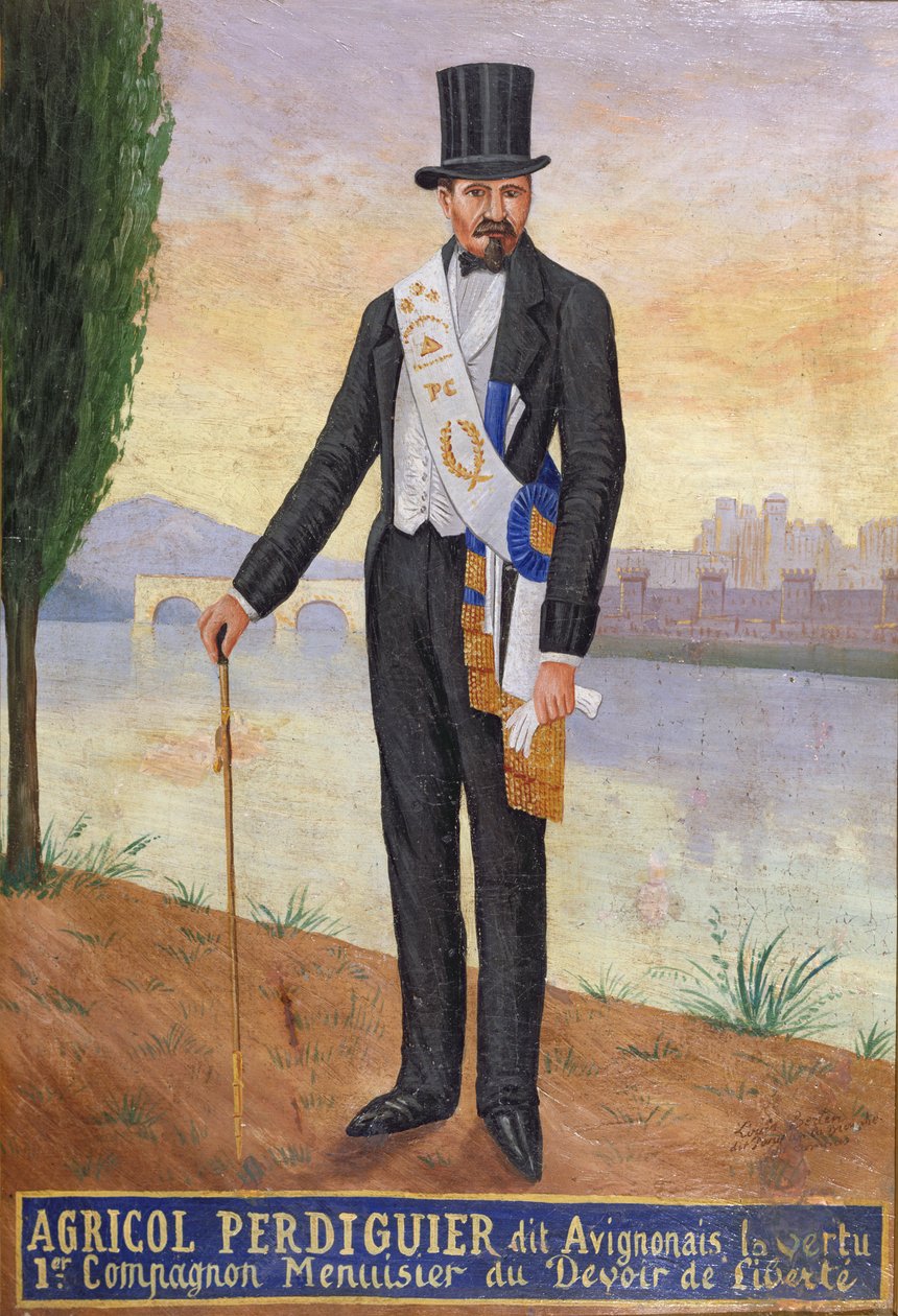 Portrett av Agricol Perdiguier kjent som Avignonais stående ved bredden av elven Rhône ved Avignon, ca. 1860-65 av French School