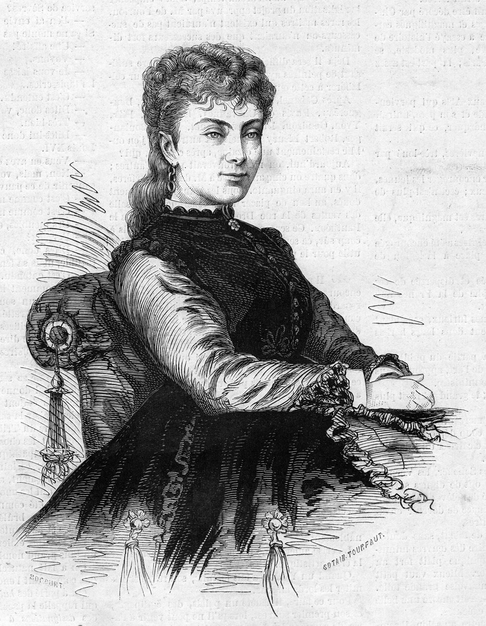 Portrett av Aimee Desclee (ca. 1837–1874), fransk komiker. Gravering i "" Le Monde Illustré"" nr. 883 av 14. mars 1874. av French School