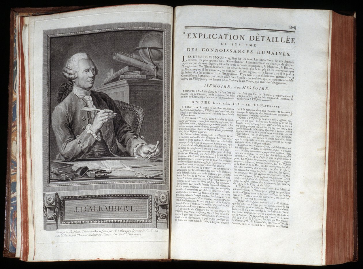 Portrett av Alembert og en tekstside av Encyclopedia of Diderot and Alembert av French School