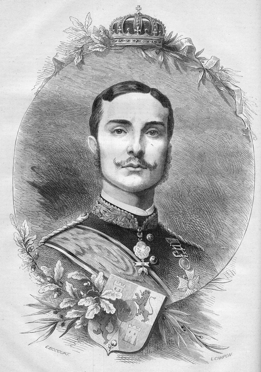 Portrett av Alfonso XII (Alfonso) (1857-1885), konge av Spania. Gravering i "" Le Monde Illustré"" n°1085 av 19. januar 1878. av French School