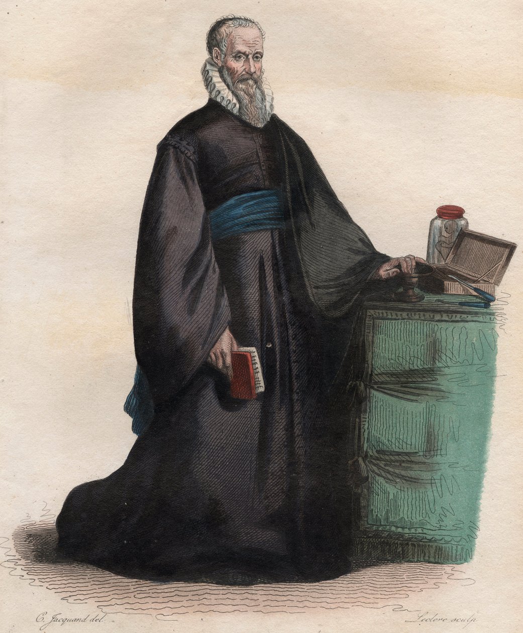 Portrett av Ambroise Pare (1509-1590), fransk kirurg. Illustrasjon fra "" The French Plutarch"" av Edmond Mennechet av French School