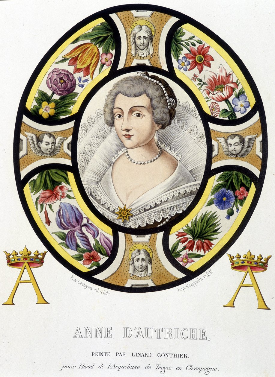 Portrett av Anne av Østerrike, dronning av Frankrike (1601-1666). Faksimile av et glassmaleri fra middelalderen i «Histoire de la peinture sur verre»» av Ferdinand de Lasteyrie av French School