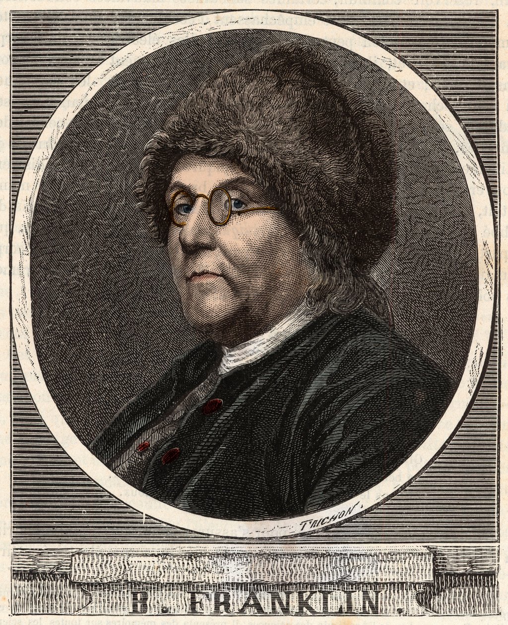 Portrett av BENJAMIN FRANKLIN (1706-1790) Amerikansk skriver, forlegger, vitenskapsmann, oppfinner, statsmann og diplomat - Portrett av Benjamin Franklin (1706-1790), amerikansk fysiker, filosof og politiker - Gravering i "" Vitenskaper brakt til av French School