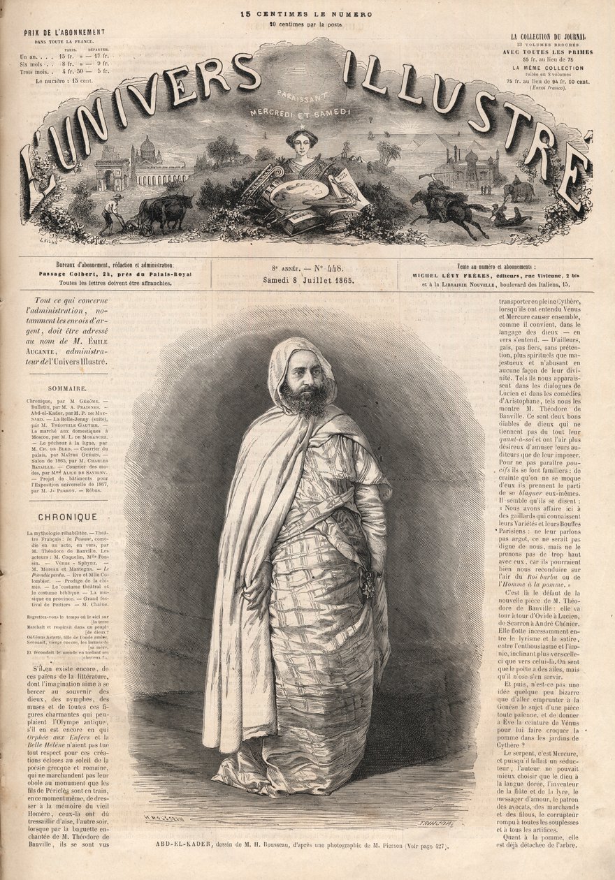Portrett av Ben Mahi Ed Din Abd El Kader (1808-1883), Amir av Mascara, militær og religiøs leder. av French School