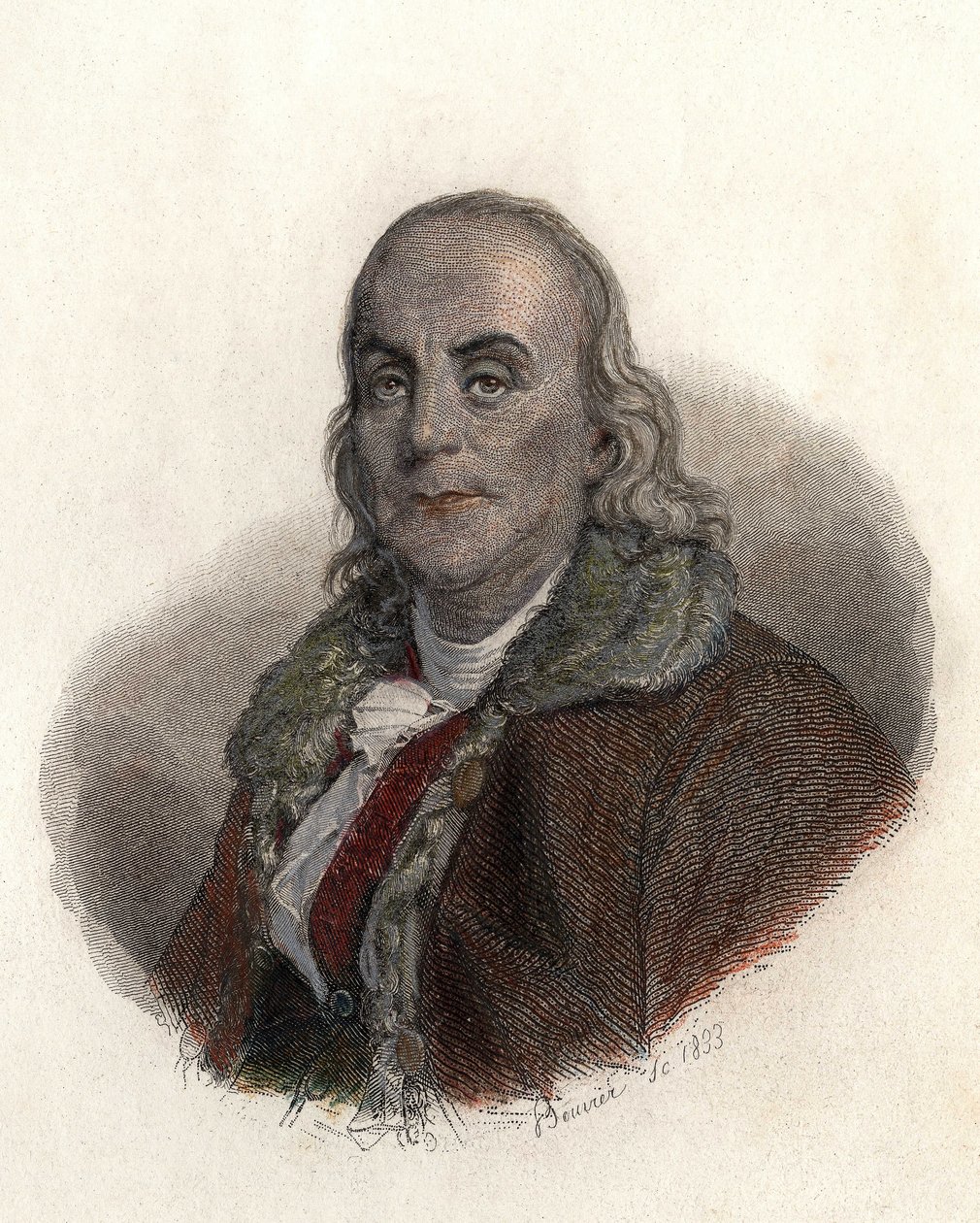 Portrett av Benjamin Franklin (1706-1790), amerikansk fysiker, filosof og politiker. i «Portraits des Hommes Useful» av French School