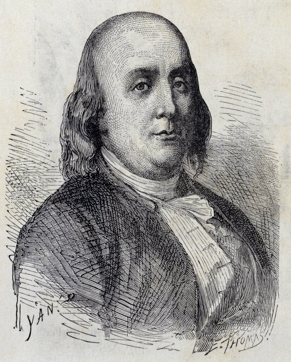Portrait of Benjamin Franklin (1706 - 1790), American politician, memorialist, pamphletar and physicist - in “” Album of Science; illustrious scholars; Great Discoveries””” 1896. av French School