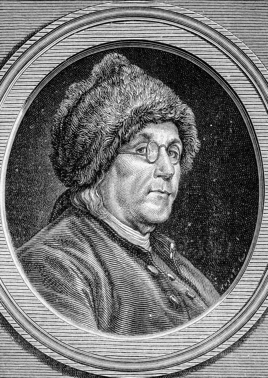 Portrett av Benjamin Franklin (1706 - 1790), politiker, minnetegner, brosjyre og amerikansk fysiker - i "" Album de la Science; berømte lærde; Store oppdagelser””” 1896. av French School