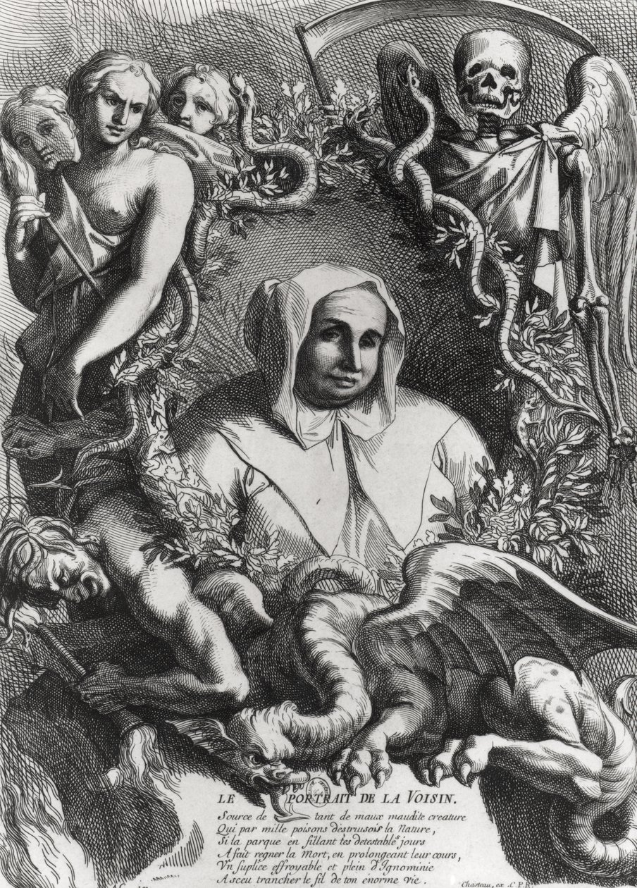 Portrett av Catherine Monvoisin (La Voisin) (1640-80) (gravering) (bw-foto) av French School