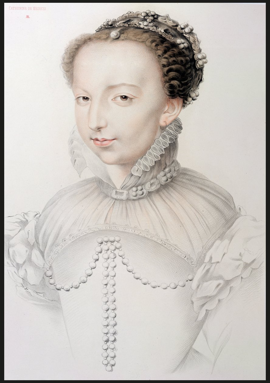 Portrett av Catherine de Medici (1519–89), faksimile av en tegning fra 1500-tallet som vises i Portraits of the Most Famous French Personalities of the 16th Century, av P.G. Niel, Paris, 1848 (grafitt o av French School