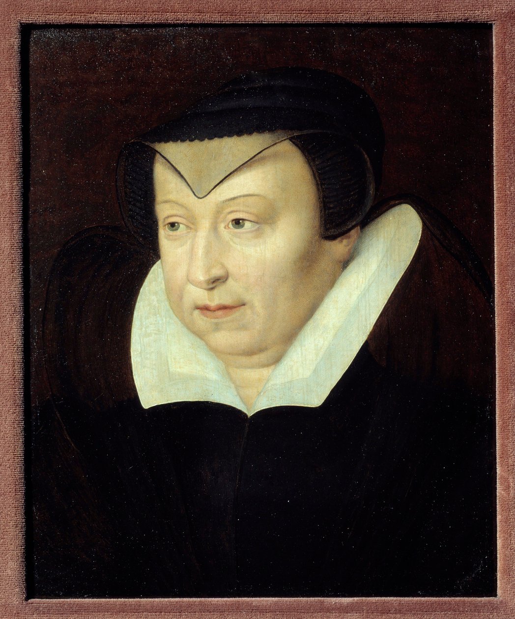 Portrett av Catherine de Medicis (Caterina de Medici) (1519-1589), dronning av Frankrike, maleri av den franske skolen. Chantilly fra 1500-tallet, Musee Conde av French School