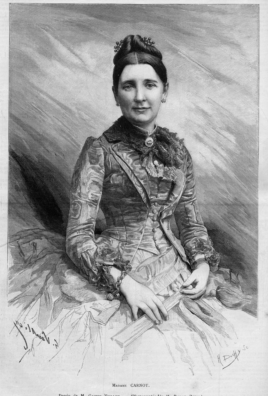 Portrett av Cecile Carnot (nee Dupont-White eller Dupont White) (1841-1898), kone til Sadi Carnot, presidenten i den franske republikken. Gravering i "" Le Monde Illustré"" n°1678 av 25. mai 1889. av French School