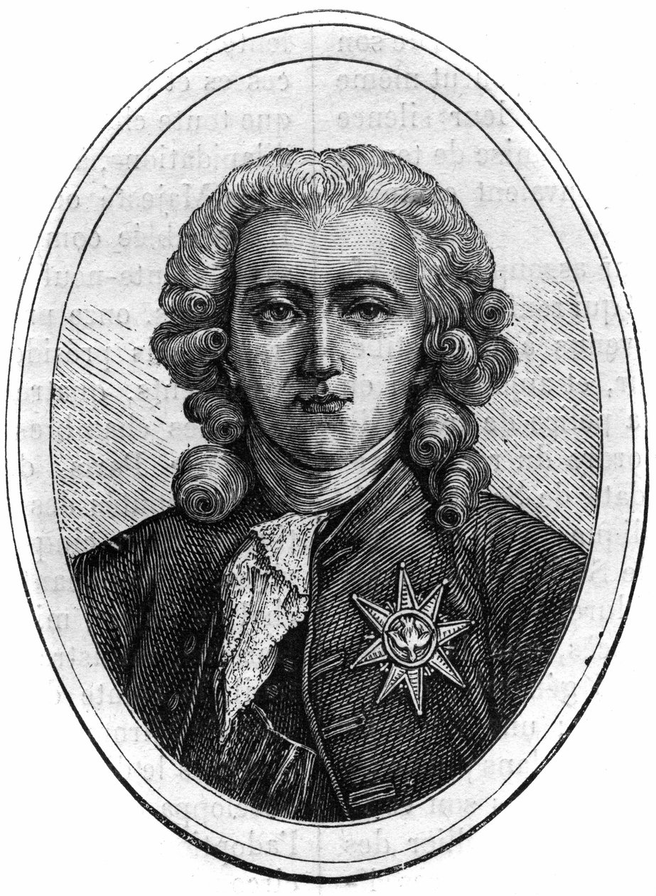 Portrett av Charles Alexandre de Calonne, fransk politiker under Louis XVI (1734-1802), finanskontrollør. Gravering i "Historien om pavene-kongene-dronninger og keisere gjennom århundrene"" av Maurice Lachatre av French School