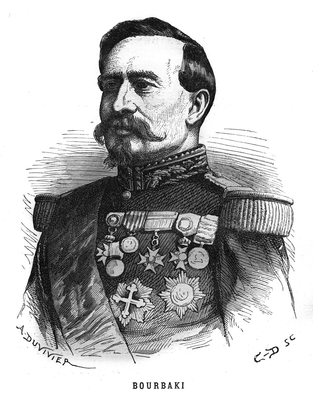 Portrett av Charles Denis Bourbaki (1816-1897), fransk offiser. Gravering i «Les Illustrations De L
