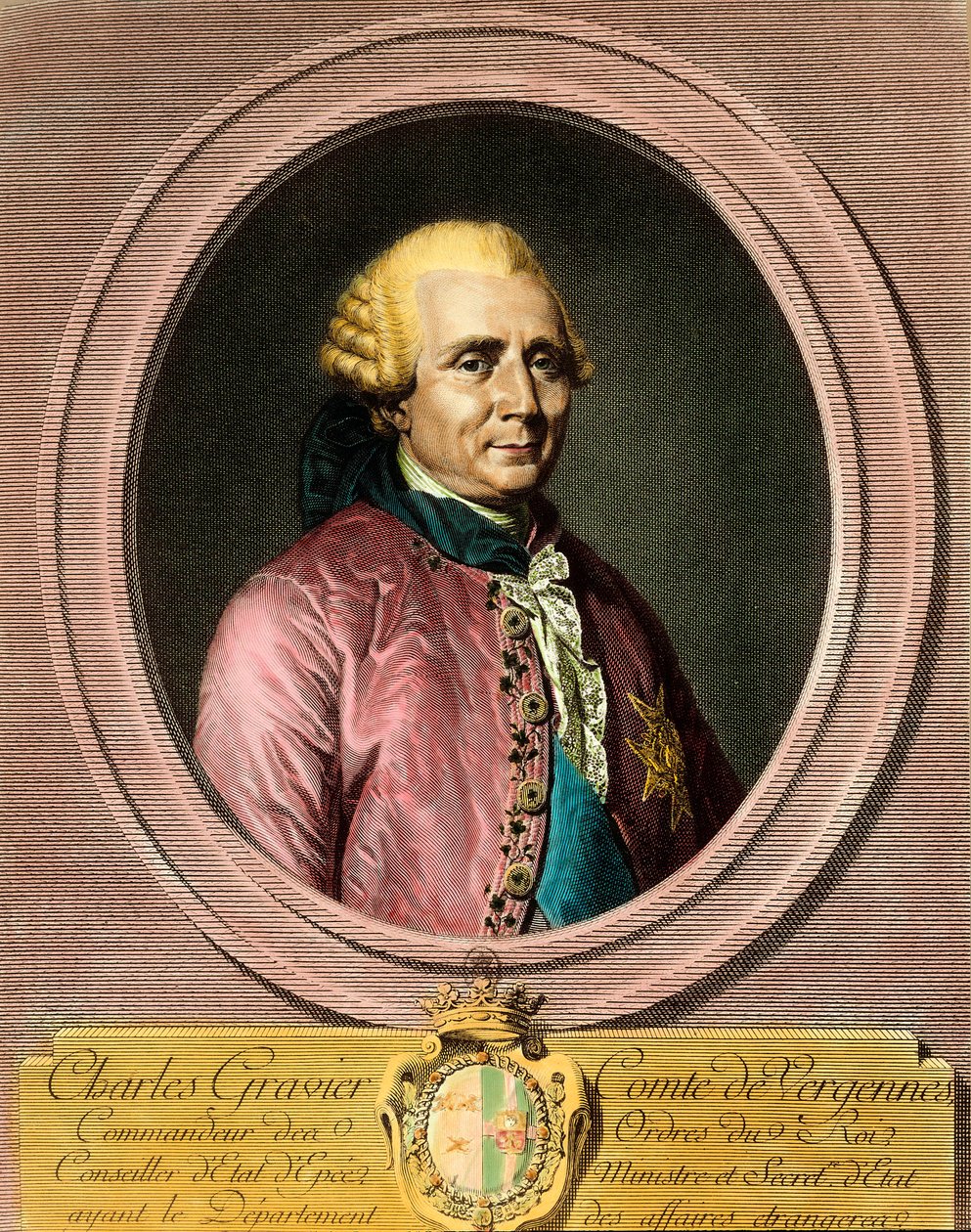 Portrett av Charles Gravier, greve av Vergennes (1719 - 1787). Gravering fra 1700-tallet. Privat samling. av French School