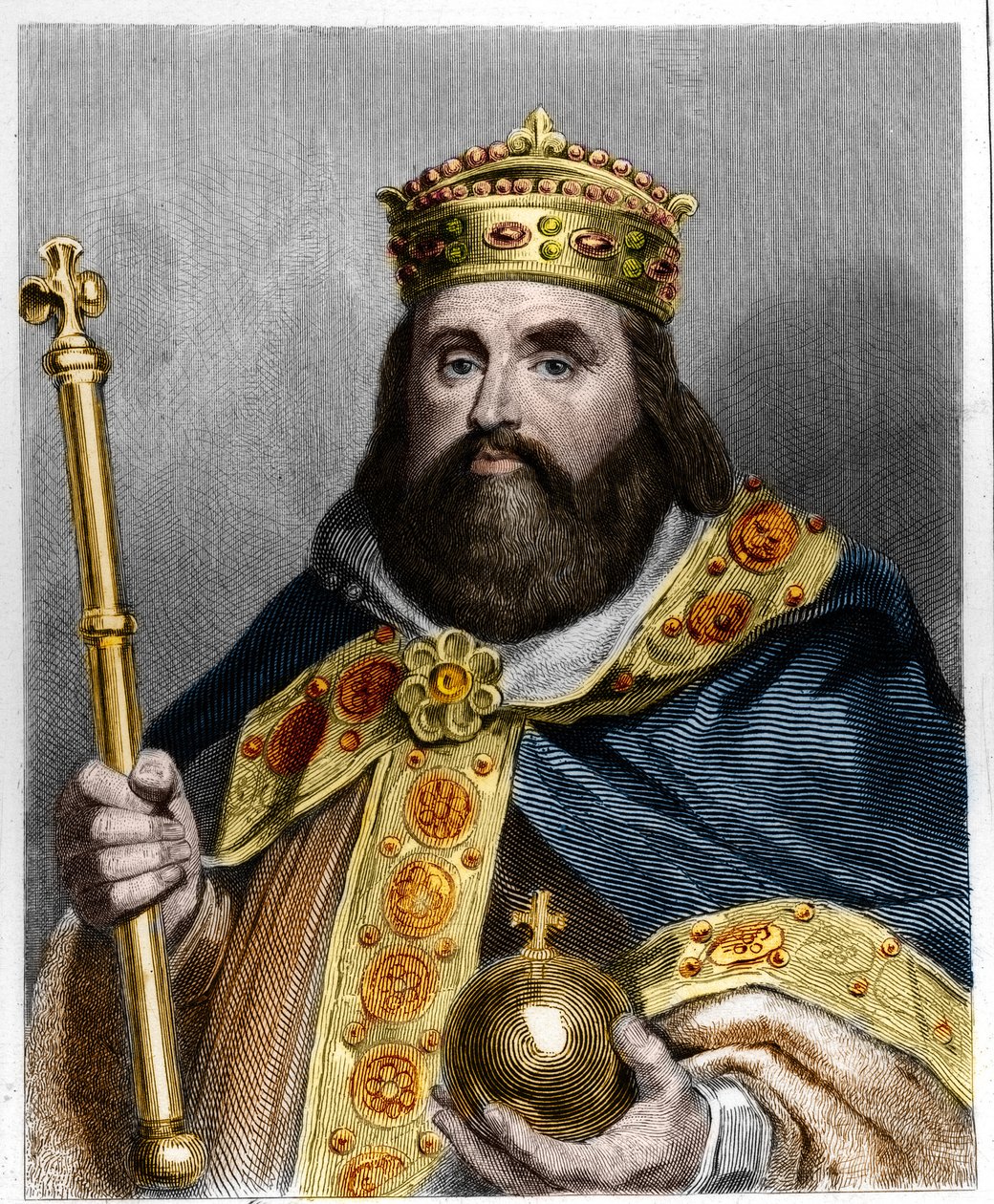 Portrett av Charles III the Gros (839-888) keiser av Vesten (881 - 887) og regent av Frankrike (884 - 887) - i "Histoire des Francais" av Lavallee, gravering, sd. av French School