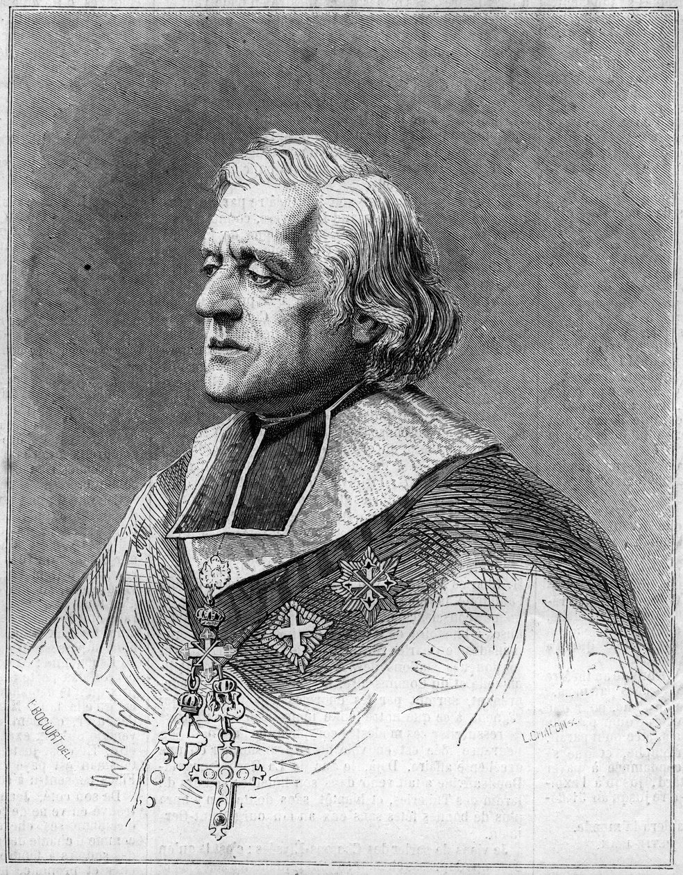 Portrett av Charles Joseph Eugene de Mazenod (1782-1861), eveque av Marseille. Portrett av gravering i "" The Illustrous World"" nr. 216 av 1. juni av French School