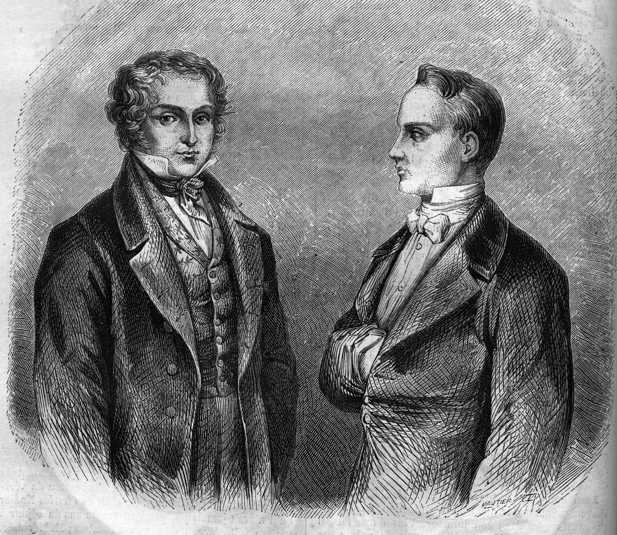 Portrett av Charles Nodier (1780-1844) og Prosper Merimee (1803-1870), franske forfattere. Gravering fra 1866-1867. av French School