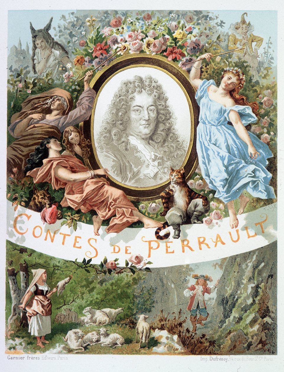 Portrett av Charles Perrault - Frontispice av "" Tales de Perrault"" av French School