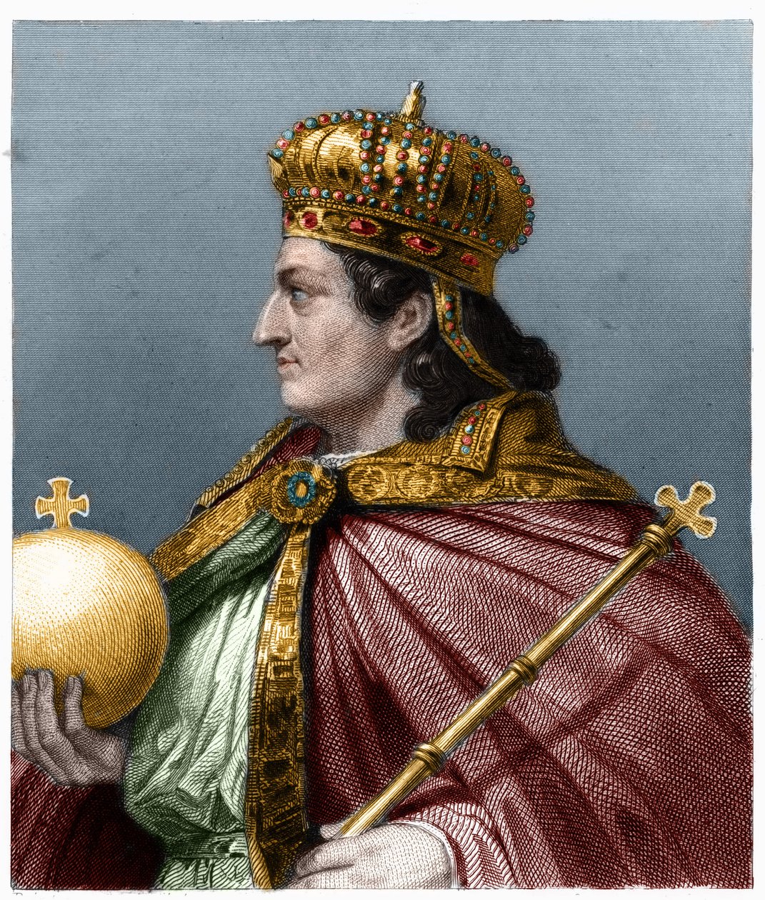 Portrett av Childebert II (v. 570 - 596), konge av Austrasia - i "History of the French"" av Lavallee, gravering, sd. av French School
