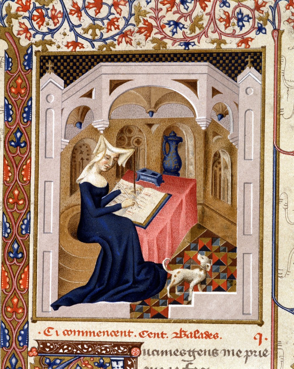 Portrett av Christine de Pisan (eller Pisan) skrift - Miniatyr av French School