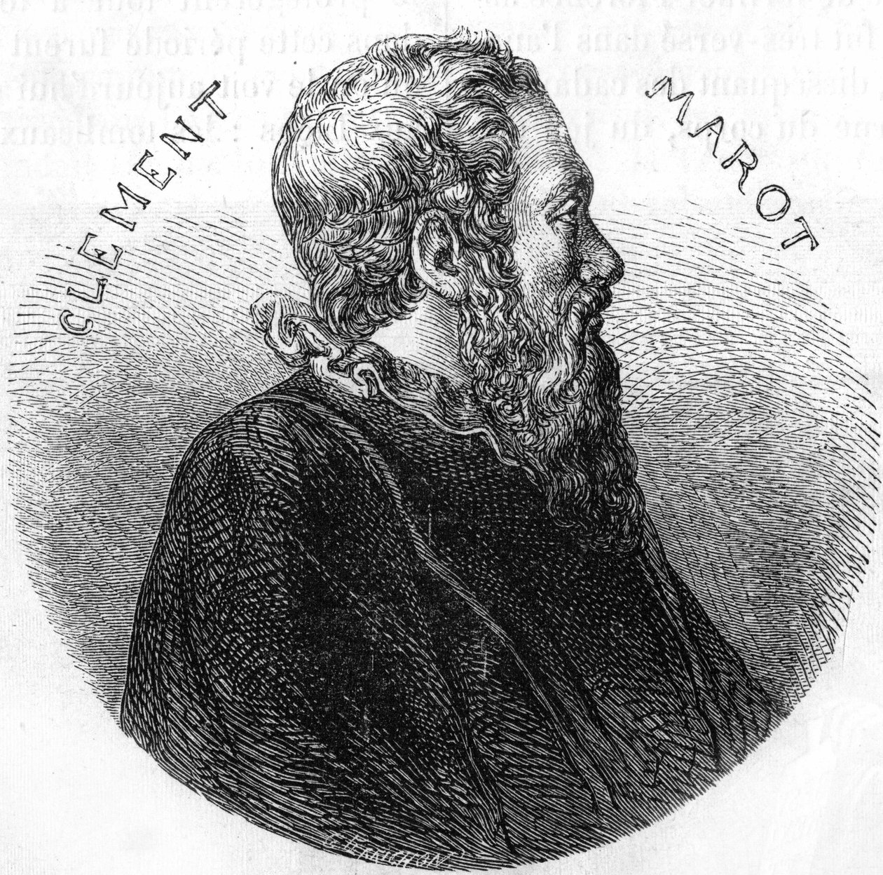 Portrait of Clement des Marets dit Marot (1496-1544), poet. In “” Histoire Populaire de la France””, sd. circa 1885. Engraving. av French School