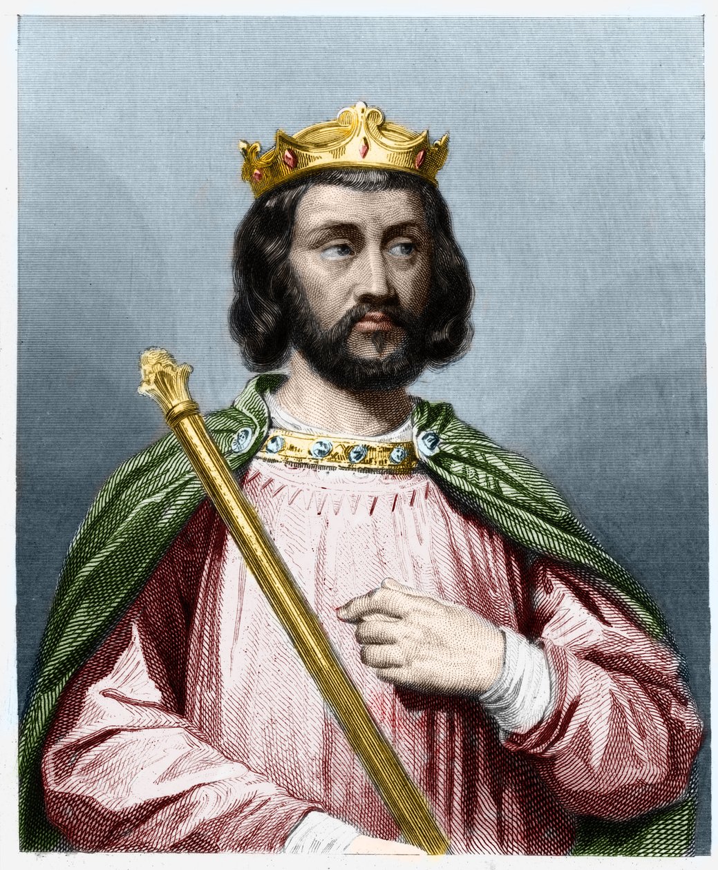 Portrett av Clotaire (Clothaire) III (652 - 673), konge av Neustria og Burgund - i "" Histoire des Francais"" av Lavallee, gravering, sd. av French School