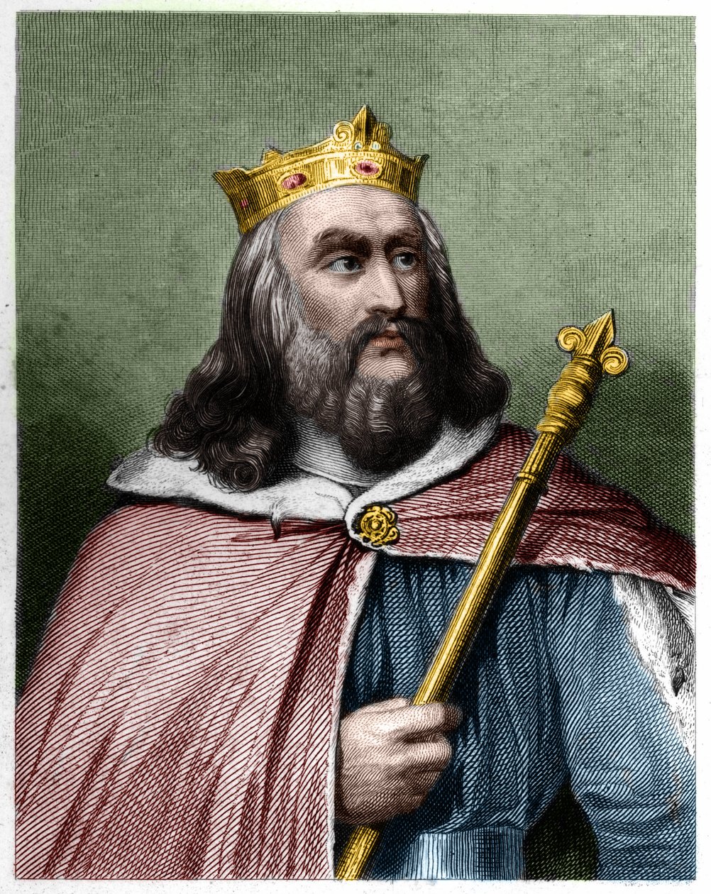 Portrett av Clotaire (Clothaire) II (584 - 628), konge av Neustria og konge av frankene - i "" Histoire des Francais"" av Lavallee, gravering, sd. av French School