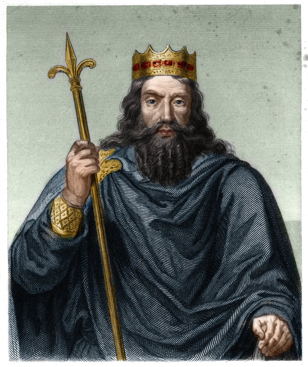Portrett av Clovis I (v. 466 - 511), kongen av frankene - i "Histoire des Francais"" av Lavallee, gravering, sd. av French School