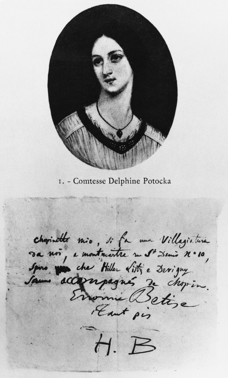 Portrett av grevinne Delphine Potocka, brev av Hector Berlioz til Frederic Chopin av French School