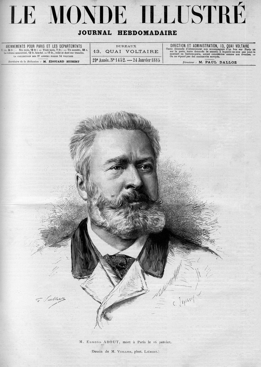 Portrett av Edmond About (1828-1885), fransk forfatter og journalist, medlem av det franske akademiet, I "The Illustrous World" 1885. av French School