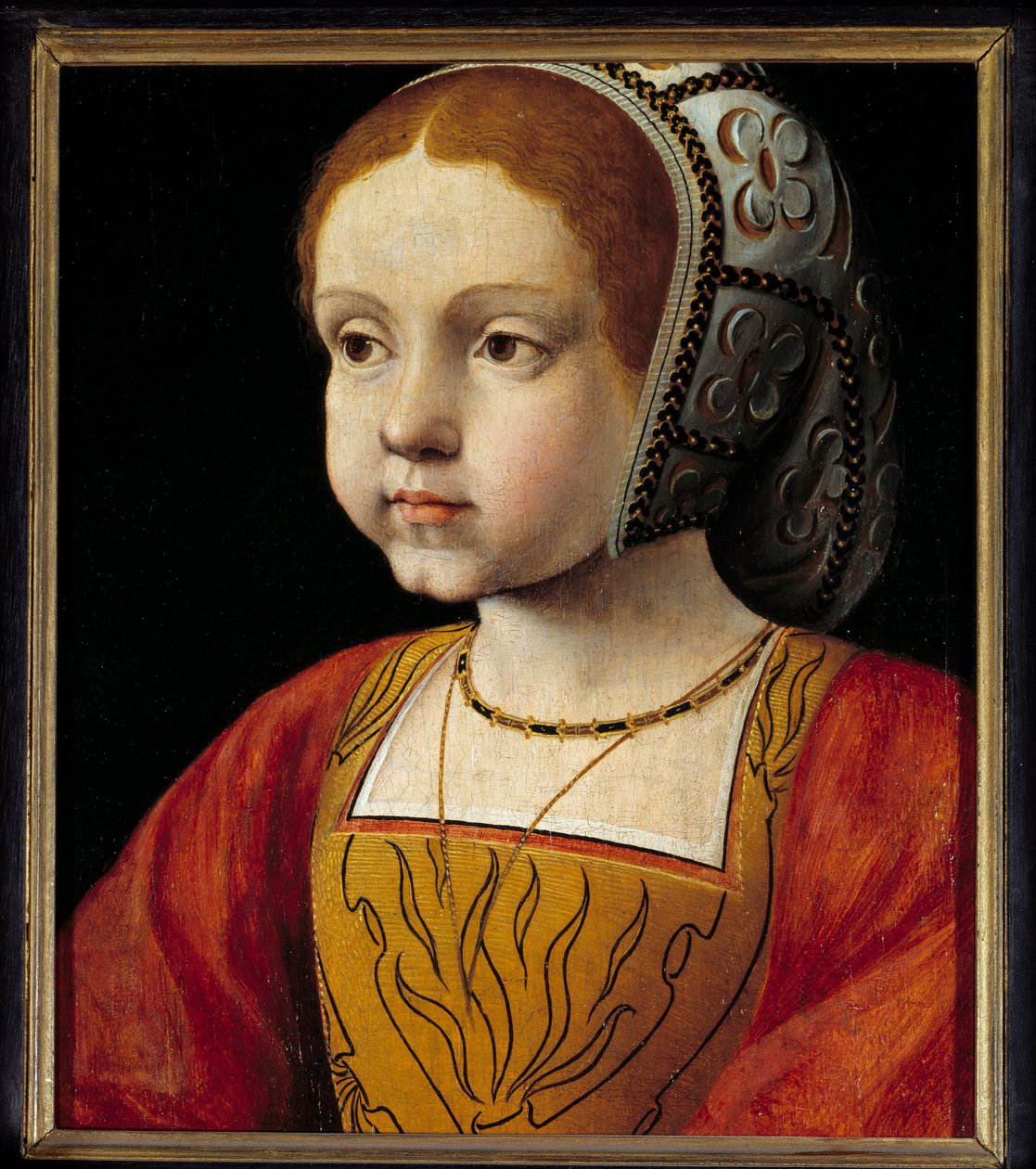 Portrett av Eleonore av Habsburg-barn, dronning av Portugal deretter av Frankrike (1498-1558) Maleri av den franske skolen. 1500-tallets søn. 0,3x0,23 m versailles, museum av slottet av French School