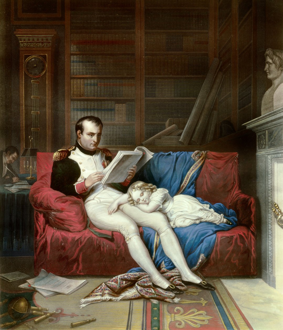 Portrett av keiser Napoleon I (1769-1821) og hans sønn, kongen av Roma, Napoleon II, hertugen av Reichstadt (1811-1832) sov på fanget hans. Gravering av Malmaison fra 1800-tallet, musee du chateau av French School